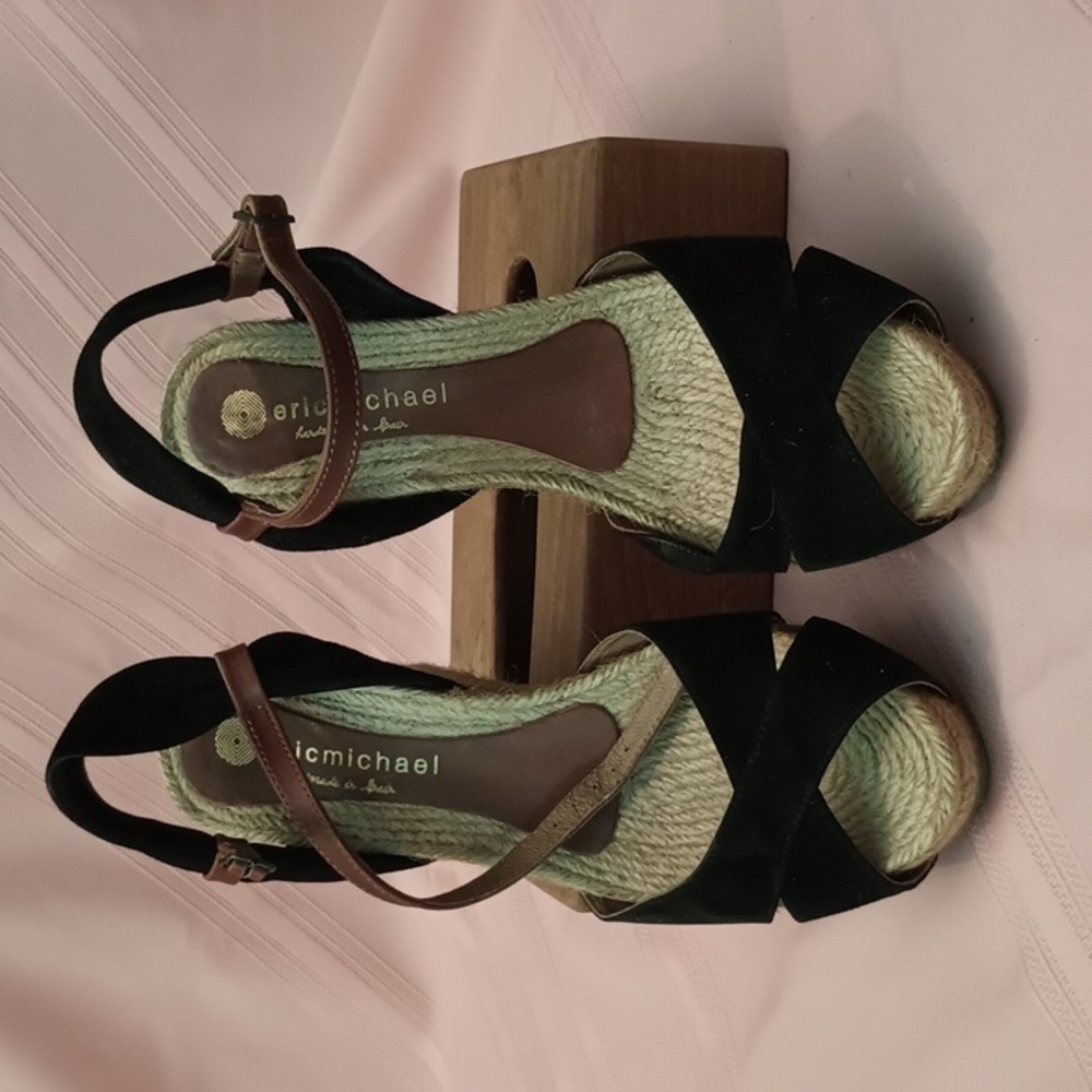 Eric Michael BlK Suede Espadrille with Brown Foot Strap Size 9 - Picture 2 of 10